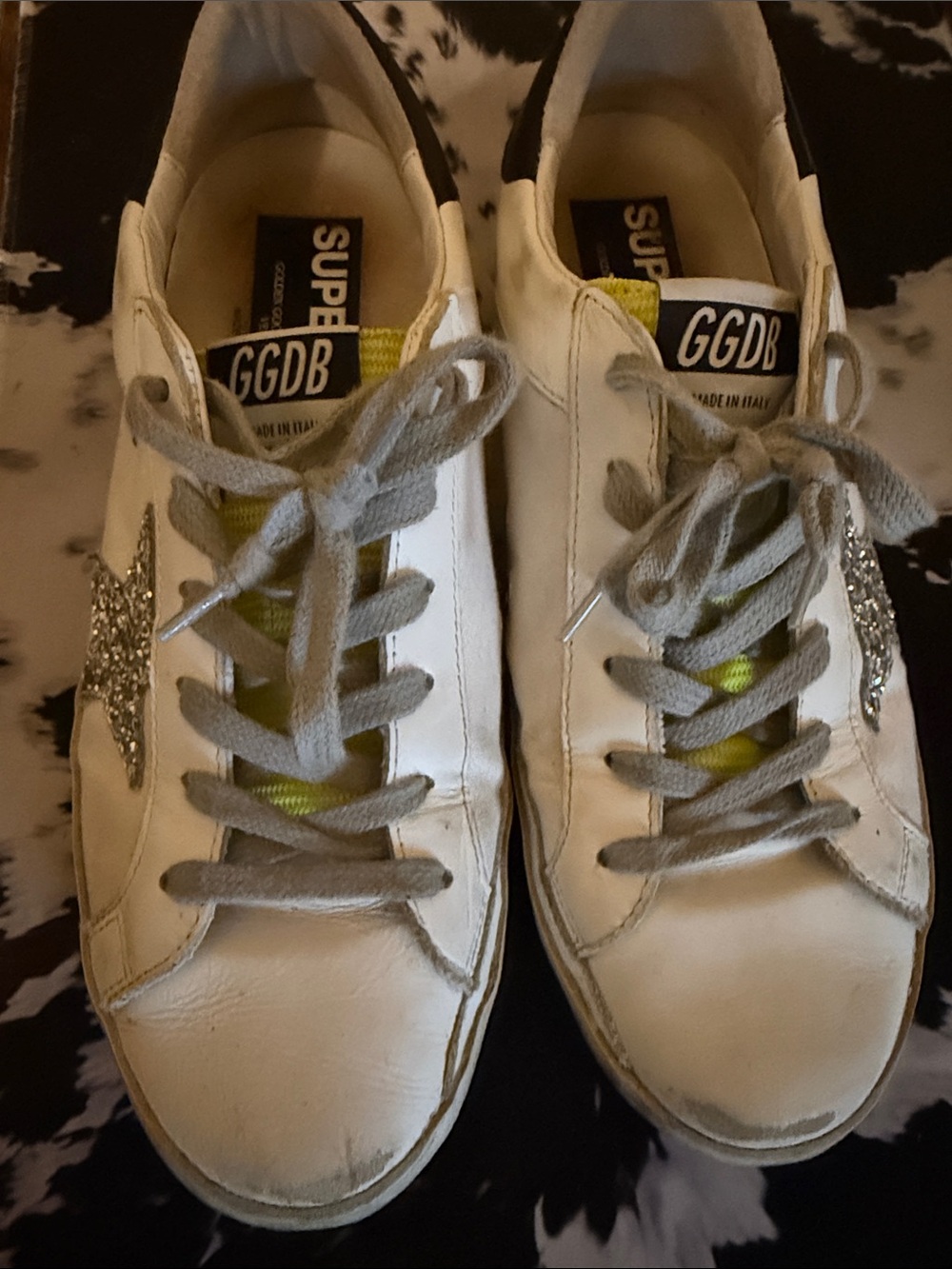 Golden Goose White Sneakers with Silver Glitter Star and Yellow Tongue